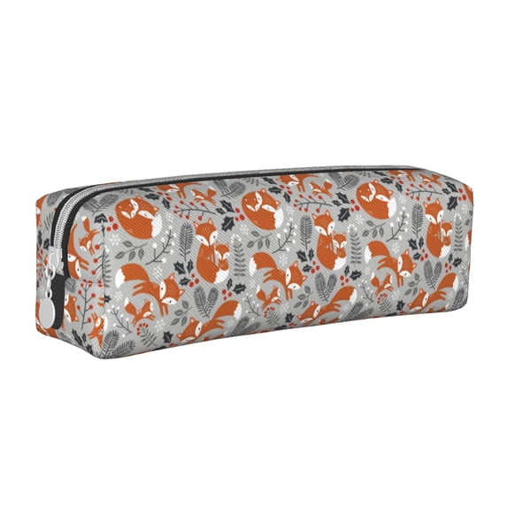 Pofeuu Vintage Blue Fox Family A Print Leather Pencil Case, Leather Pencil Pouch Large Capacity, Big Pencil Pouch with Zipper Vintage Pen Bag Fountain Pen Holder