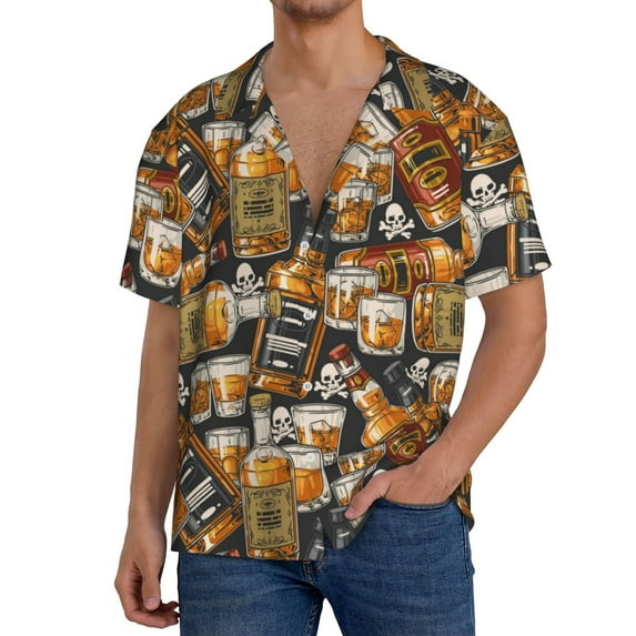 Pofeuu Vintage Bottles Print Mens Casual Short Sleeve Shirts Beach Summer Spread Collar Pocket Tops Men's Casual Short-sleeved Shirt-X-Large