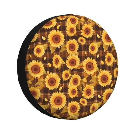 Pofeuu Vintage Brown Plaid Sunflower Print Spare Tire Wheel Cover for Car Truck SUV Camper Universal Fit Spare Tire Cover RV Spare Tire Covers-17 inch