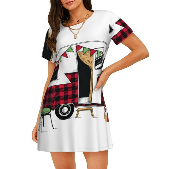 Pofeuu Vintage Buffalo Plaid Christmas Camper Print Women's Loose Fit Short Sleeve Nightgown, Comfortable Sleep Dress for Women, Casual Lounge Sleepwear, Soft Cotton Sleep Dress