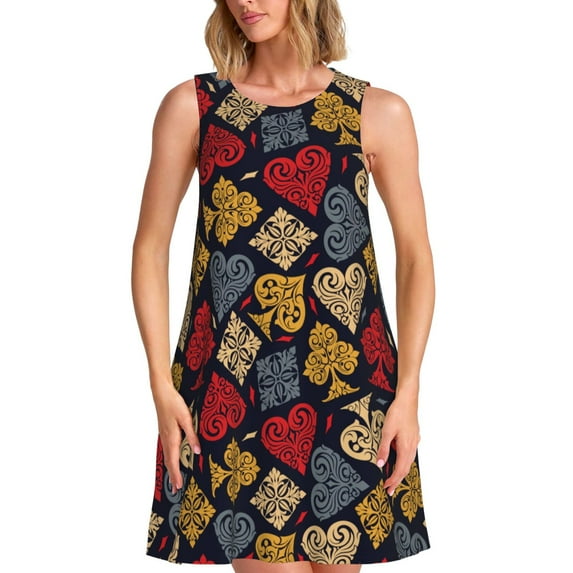 Pofeuu Vintage Card Print Women's Sleeveless Dress, Loose Fit Summer Dress, Casual Tank Dress for Women