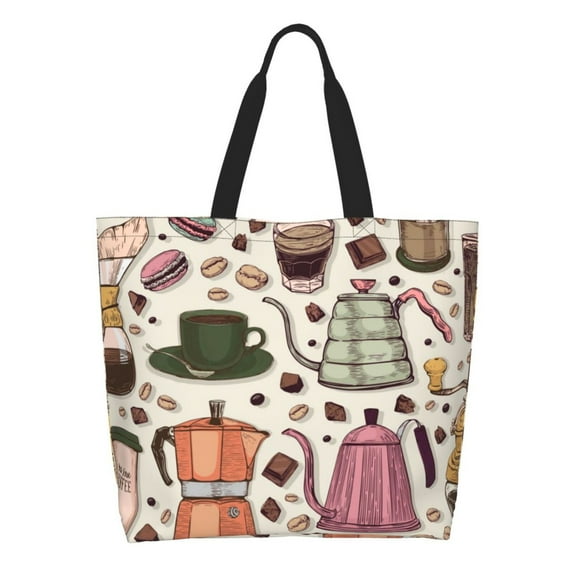 Pofeuu Vintage Coffee Print Reusable Grocery Bags - Washable, Foldable, Packable Tote, Large Handles, Heavy Duty, Zippered Top Pouch