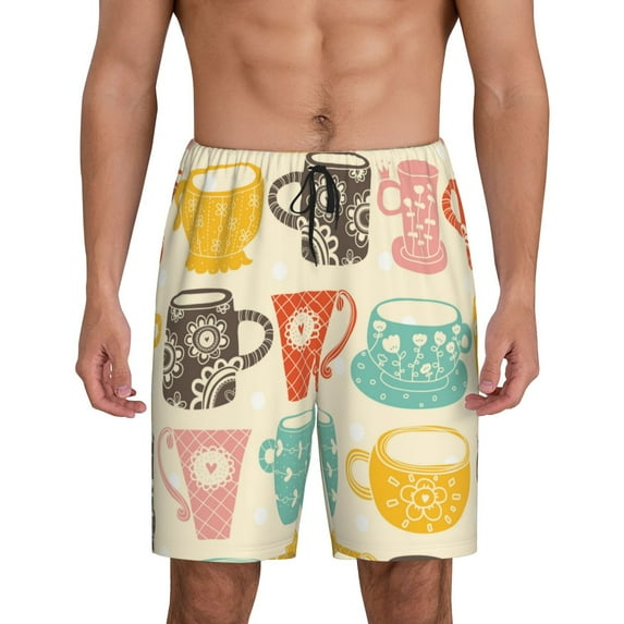 Pofeuu Vintage Cup Print Men's Soft Woven Elastic Waistband Sleep Pajama Short-3X-Large
