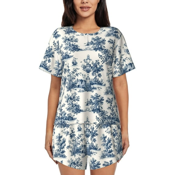 Pofeuu Vintage Floral 1 Print Women's Pajama Set Short/Shorts Soft Button PJs Elastic Drawstring Waist Sleepwear-X-Large