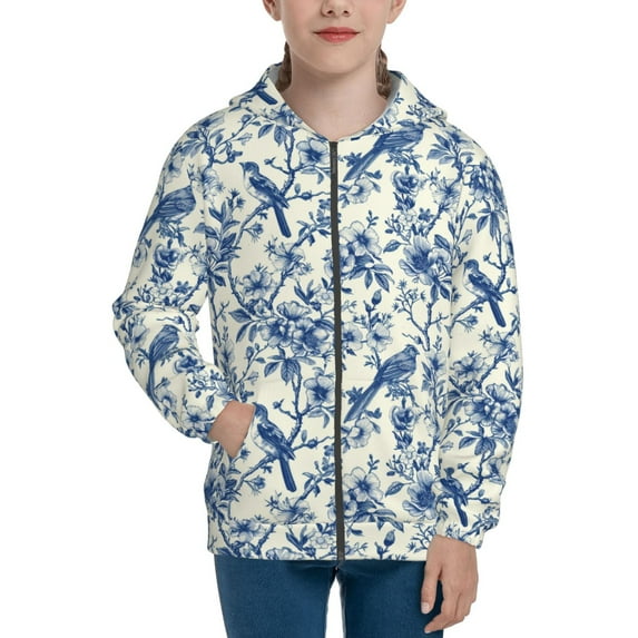 Pofeuu Vintage Floral Birds Print Teenage Zipper Hoodie Sweatshirts Hooded Casual Jackets With Pocket For Boys Girls-Small
