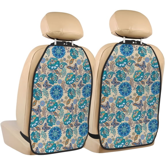 Pofeuu Vintage Floral Butterflies Print 2 Pack PU Leather Kick Mat Back Seat Protector, Universal Car Seat Back Organizer, Waterproof Backseat Protector For Most Car