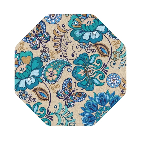 Pofeuu Vintage Floral Butterflies Print Leather Coasters Set of 6, Round Cups Mugs Mat Pad for Home Kitchen Heat Resistant Drink Coasters,Octagon