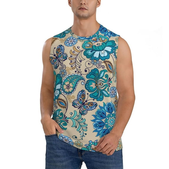 Pofeuu Vintage Floral Butterflies Print Men's Muscle T-Shirt, Sleeveless, Muscle Tank, Classic Muscle Tee Top For Men Casual Sleeveless Muscle T-Shirt Trendy Clothes-Small