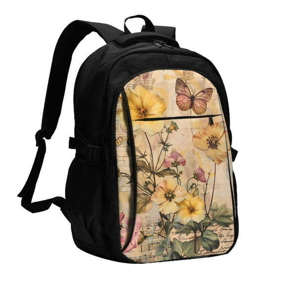 Pofeuu Vintage Floral Butterfly Collage Print Storage Laptop Backpack with USB Charging Port[Water Resistant] College Computer Bookbag Fits