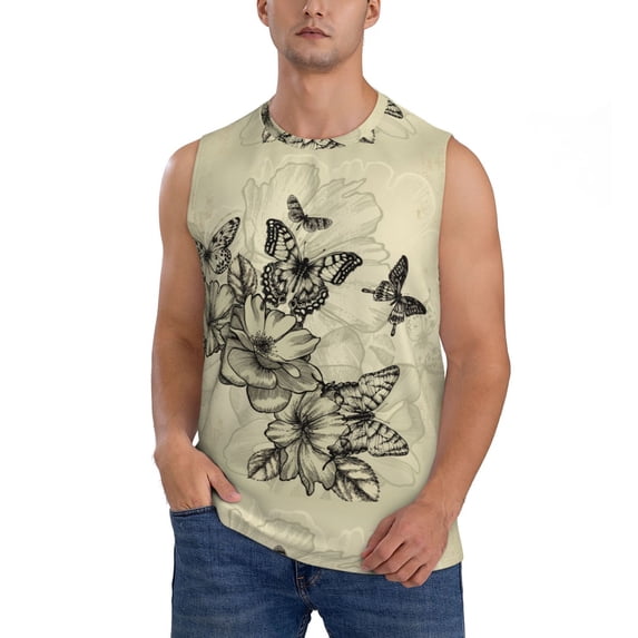 Pofeuu Vintage Floral Print Men's Muscle T-Shirt, Sleeveless, Muscle Tank, Classic Muscle Tee Top For Men Casual Sleeveless Muscle T-Shirt Trendy Clothes-Small