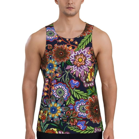 Pofeuu Vintage Floral Print Men's Workout Tank Tops Sleeveless Muscle Gym Shirt Quick Dry-4X-Large