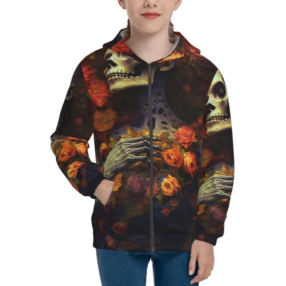 Pofeuu Vintage Floral Skull Print Teenage Zipper Hoodie Sweatshirts Hooded Casual Jackets With Pocket For Boys Girls-Small