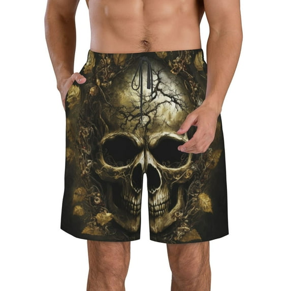 Pofeuu Vintage Gold Leaf Skull Prin Men's Swim Trunks Quick Dry Bathing Suit Swimming Board Shorts Mesh Lining Beach Swimwear-Large