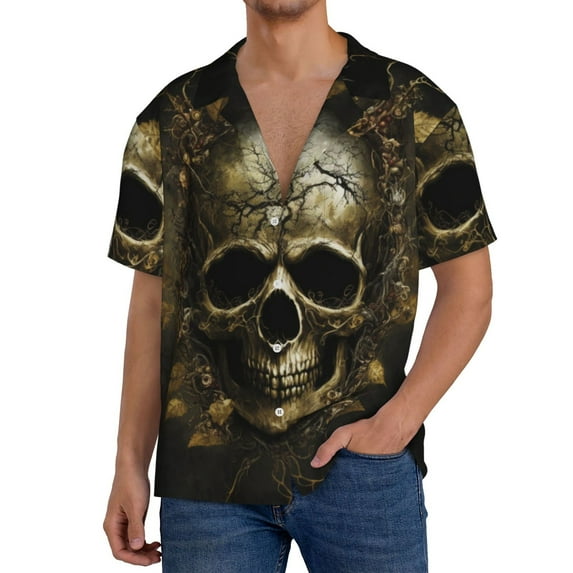 Pofeuu Vintage Gold Leaf Skull Print Mens Casual Short Sleeve Shirts Beach Summer Spread Collar Pocket Tops Men's Casual Short-sleeved Shirt-XX-Large