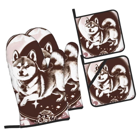 Pofeuu Vintage Husky Dog Print Oven Mitts and Pot Holders 4 pcs Set,High Heat Resistant 500 Degree Extra Thicken Long Kitchen Cotton Oven Glove for Cooking