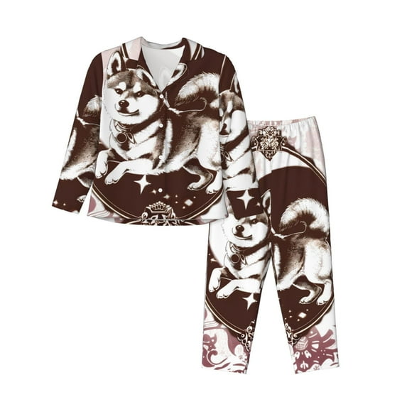 Pofeuu Vintage Husky Dog Print Womens Pajamas Set Long Sleeve Sleepwear Button Down Nightwear Soft Pj Lounge Sets Button Down Pajamas Women-Medium