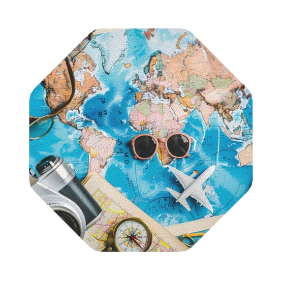 Pofeuu Vintage Map Travel Essentials Print Leather Coasters Set of 6, Round Cups Mugs Mat Pad for Home Kitchen Heat Resistant Drink Coasters,Octagon