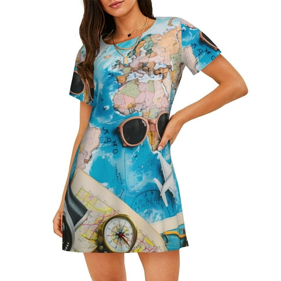 Pofeuu Vintage Map Travel Essentials Print Women's Loose Fit Short Sleeve Nightgown, Comfortable Sleep Dress for Women, Casual Lounge Sleepwear, Soft Cotton Sleep Dress