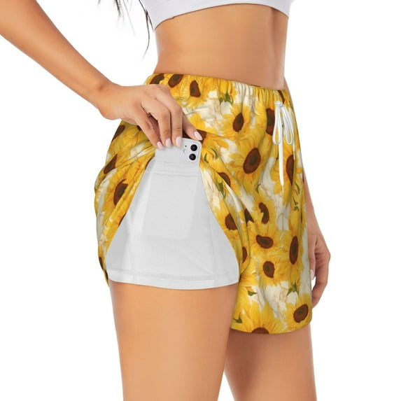 Pofeuu Vintage Marble Pattern Sunflower Print Women's Athletic Shorts Running Workout Shorts Tummy Control Quick Dry Gym Shorts with Pockets Double layer sports shorts-Small