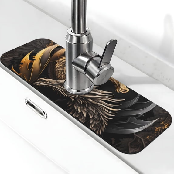 Pofeuu Vintage Metal Dragon Print Splash Guard for Sink Faucet Sink Gadgets-Splash Guard Behind Faucet Drip Catcher for Kitchen, Bathroom,Sink Mat