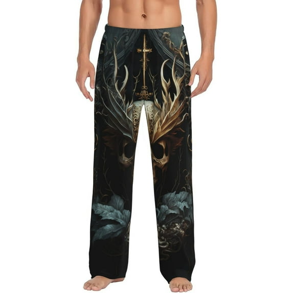 Pofeuu Vintage Ornate Skull Print Men's Pajama Pants, Soft Lounge Pajama Pants with big pockets for Men Plaid Pj Bottoms-Large