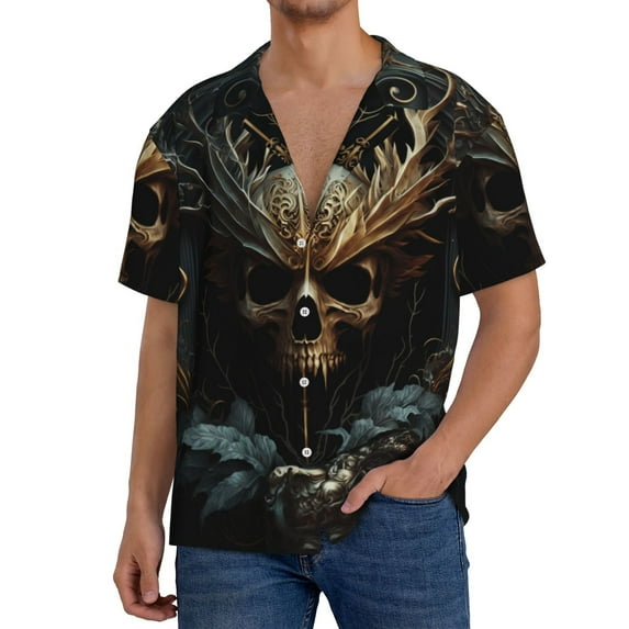 Pofeuu Vintage Ornate Skull Print Mens Casual Short Sleeve Shirts Beach Summer Spread Collar Pocket Tops Men's Casual Short-sleeved Shirt-XX-Large