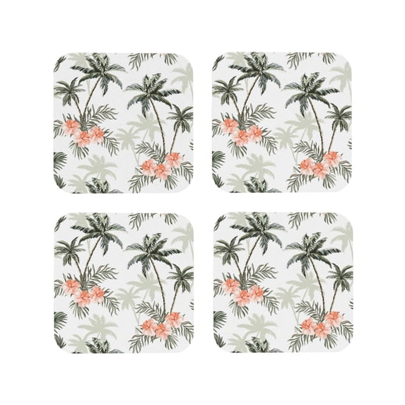 Pofeuu Vintage Palm Trees Print Coasters for Drinks, 4Pack PU Leather Coasters, Bar Drink Coasters for Tabletop Protection, Furniture from Damage-Square