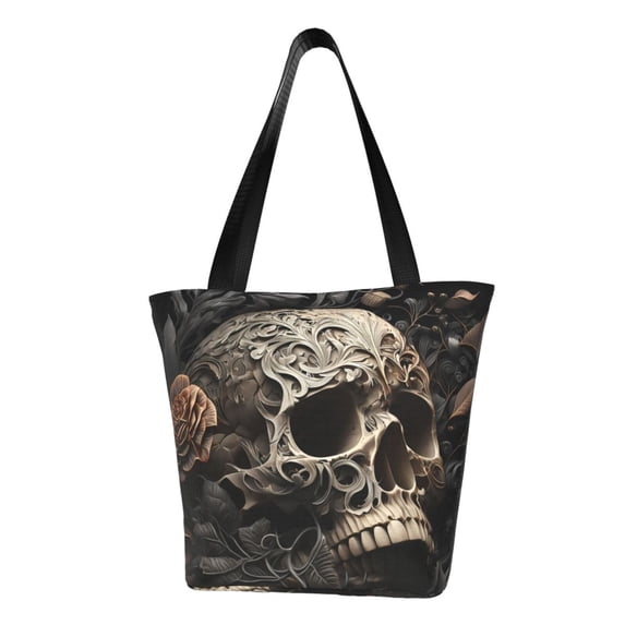 Pofeuu Vintage Pattern Flower Skull Print Women Fashion Shoulder Handbags Top Handle Satchel Bags Tote Shoulder Shopping Bag Stylish Canvas Tote Bag
