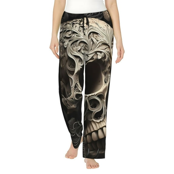 Pofeuu Vintage Pattern Flower Skull Print Women's Fashion Pajama Pants with Pockets Comfy Drawstring Sleep Lounge Bottoms-X-Large