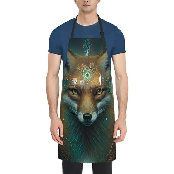 Pofeuu Vintage Pattern Fox Print Waterproof Apron with Pockets Adjustable Cooking Aprons Kitchen Bib for Baking Household Cleaning