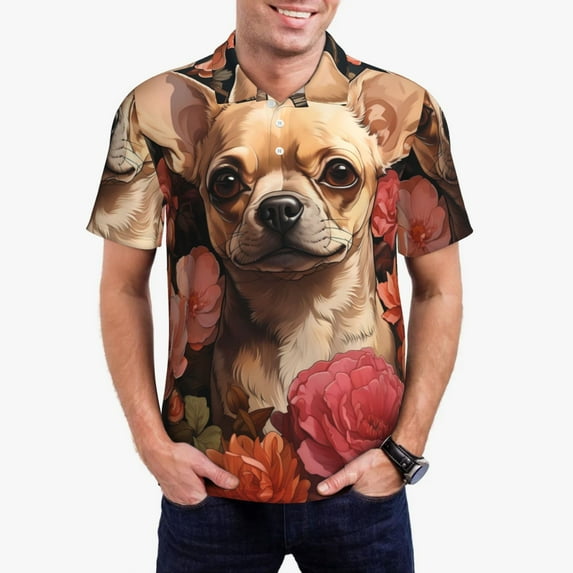 Pofeuu Vintage Red Flower Chihuahua Print Men's Loose Fit Midweight Short-Sleeve Pocket Polo-X-Large