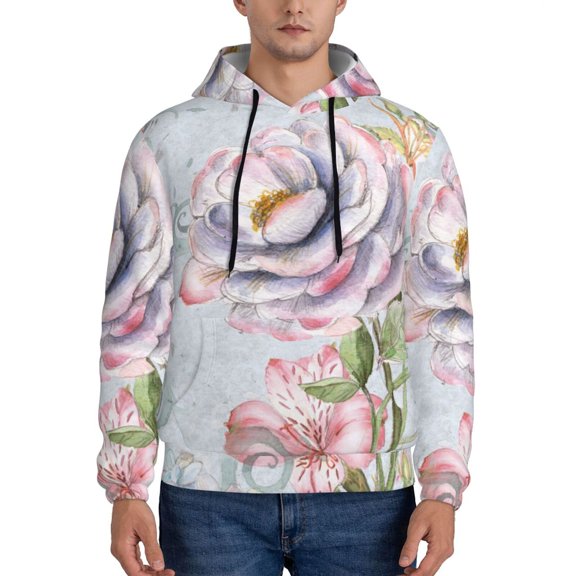 Pofeuu Vintage Rose Print Mens Casual Hooded Collar Drawstring Hoodies Pullover Sweatshirts Casual Long Sleeve Shirts-Large