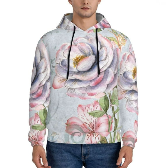 Pofeuu Vintage Rose Print Mens Casual Hooded Collar Drawstring Hoodies Pullover Sweatshirts Casual Long Sleeve Shirts-
