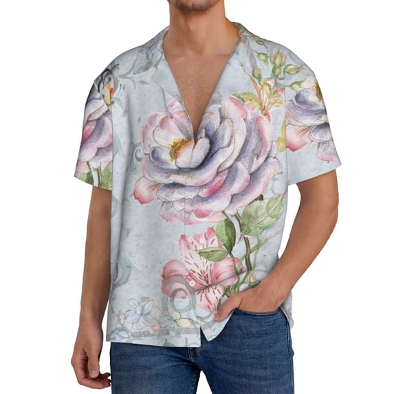 Pofeuu Vintage Rose Print Mens Casual Short Sleeve Shirts Beach Summer Spread Collar Pocket Tops Men's Casual Short-sleeved Shirt-Medium