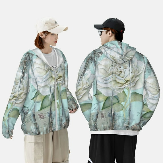 Pofeuu Vintage Rose1 Print Sun Protection Outdoor Lightweight Full Zip UV Cooling Hoodie Long Sleeve Summer Clothing for Outdoor Hiking-X-Large
