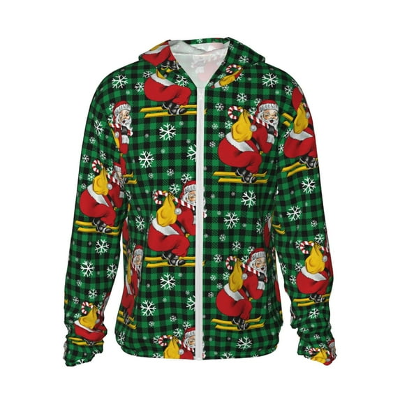 Pofeuu Vintage Santa Skiing Green Plaid Print Sun Protection Outdoor Lightweight Full Zip UV Cooling Hoodie Long Sleeve Summer Clothing for Outdoor Hiking-Medium