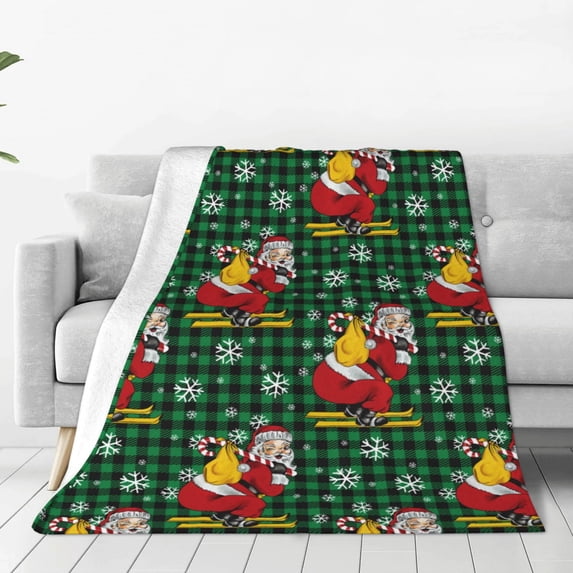 Pofeuu Vintage Santa Skiing Green Plaid Print Ultra-Soft Micro Fleece Blanket,for Bed Or Sofa,All Season Throw Blankets Flannel Blanket-50"x40"