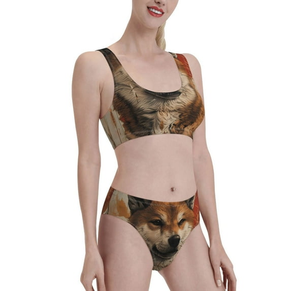 Pofeuu Vintage Shiba Inu Art Print Womens Bathing Suits Modest High Waisted Bikini Sets Cute Halter 2 Piece Swim Suit