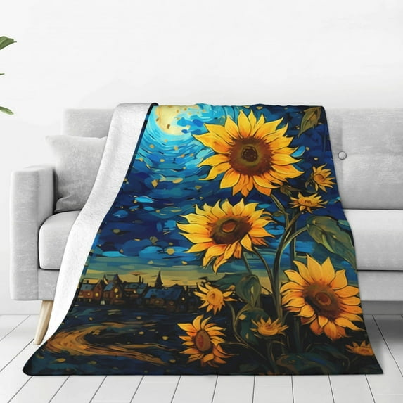 Pofeuu Vintage Starry Sky Sunflower Print Ultra-Soft Micro Fleece Blanket,for Bed Or Sofa,All Season Throw Blankets Flannel Blanket-80"x60"