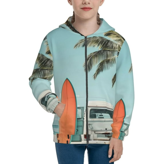 Pofeuu Vintage Surf Van Beach Print Teenage Zipper Hoodie Sweatshirts Hooded Casual Jackets With Pocket For Boys Girls-Medium