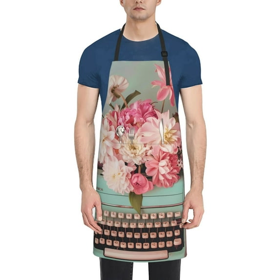 Pofeuu Vintage Typewriter Floral Print Waterproof Apron with Pockets Adjustable Cooking Aprons Kitchen Bib for Baking Household Cleaning