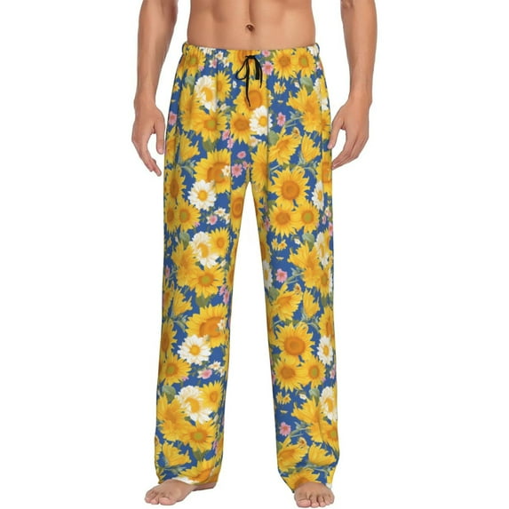 Pofeuu Vintage White Yellow Sunflower Print Men's Pajama Pants, Soft Lounge Pajama Pants with big pockets for Men Plaid Pj Bottoms-Small