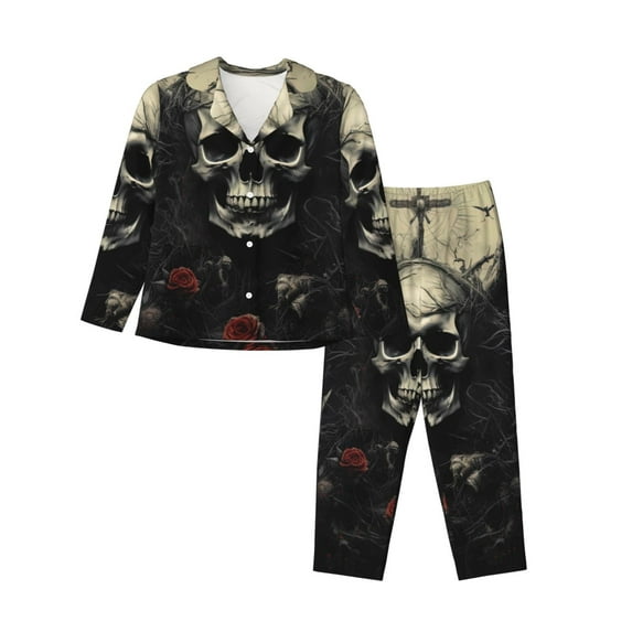Pofeuu Vintage Winged Rose Skull Print Womens Pajamas Set Long Sleeve Sleepwear Button Down Nightwear Soft Pj Lounge Sets Button Down Pajamas Women-Medium