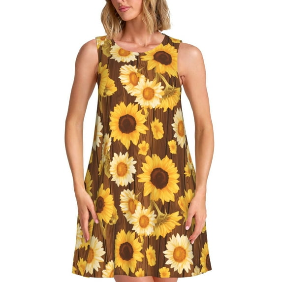 Pofeuu Vintage Wood Grain Sunflower A Print Women's Sleeveless Dress, Loose Fit Summer Dress, Casual Tank Dress for Women