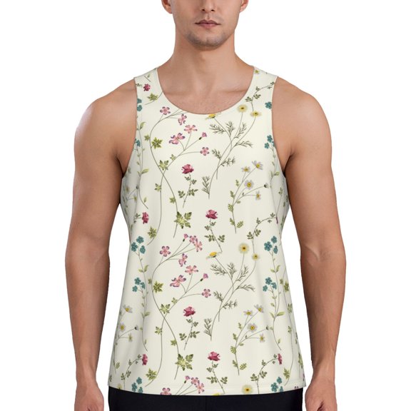 Pofeuu Vintage flowers Print Men's Workout Tank Tops Sleeveless Muscle Gym Shirt Quick Dry -Large