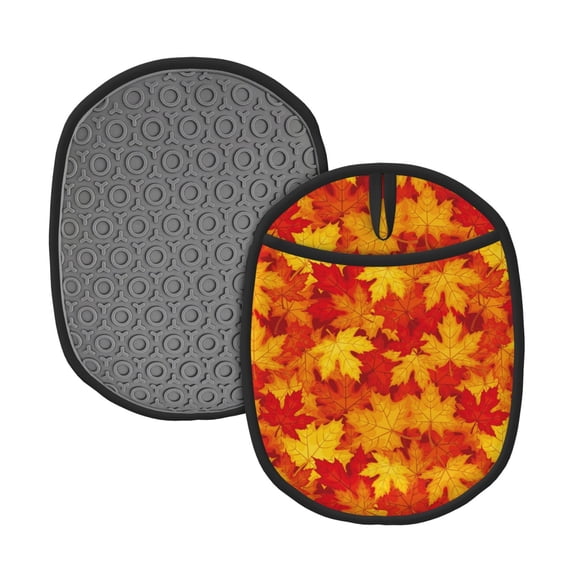 Pofeuu Vintage maple leaves autumn Print Silicone Pot Mat Mitten With Hanging Loop Heat Resistant Oven Mitts Non-Slip Bbq Baking Smoking Potholders