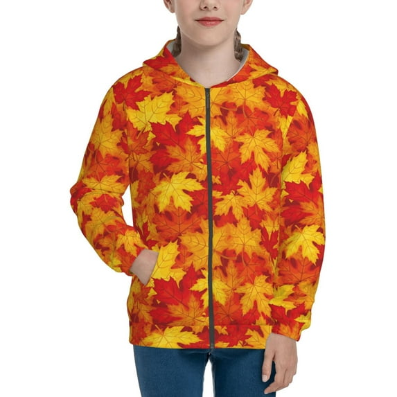 Pofeuu Vintage maple leaves autumn Print Teenage Zipper Hoodie Sweatshirts Hooded Casual Jackets With Pocket For Boys Girls-Medium