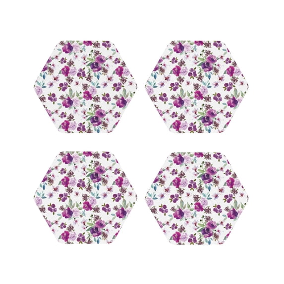 Pofeuu Violets Flowers Print Coasters for Drinks, 4Pack PU Leather Coasters, Bar Drink Coasters for Tabletop Protection, Furniture from Damage-Hexagon
