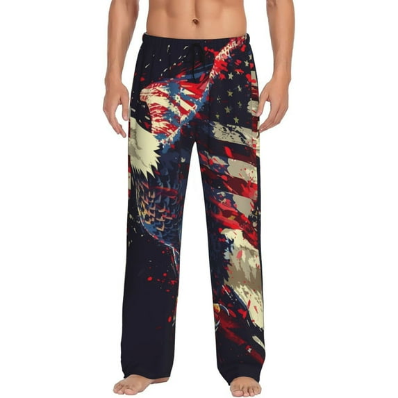 Pofeuu Watercolor Bald Eagle Print Men's Pajama Pants, Soft Lounge Pajama Pants with big pockets for Men Plaid Pj Bottoms-Small