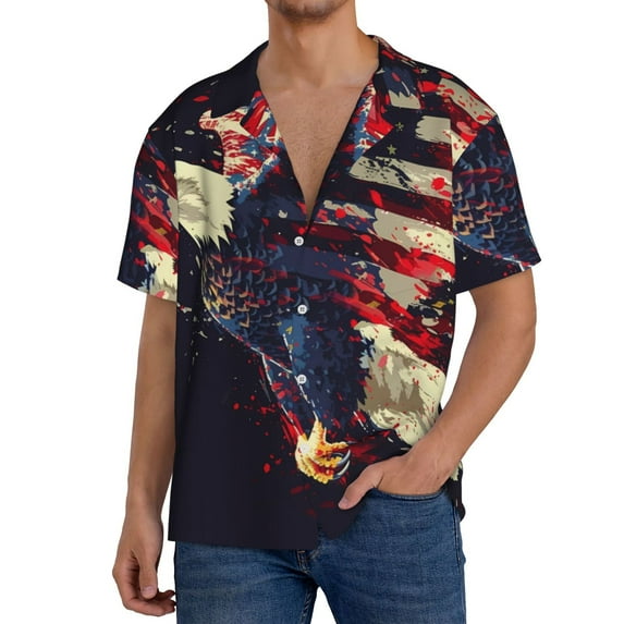 Pofeuu Watercolor Bald Eagle Print Mens Casual Short Sleeve Shirts Beach Summer Spread Collar Pocket Tops Men's Casual Short-sleeved Shirt-Large